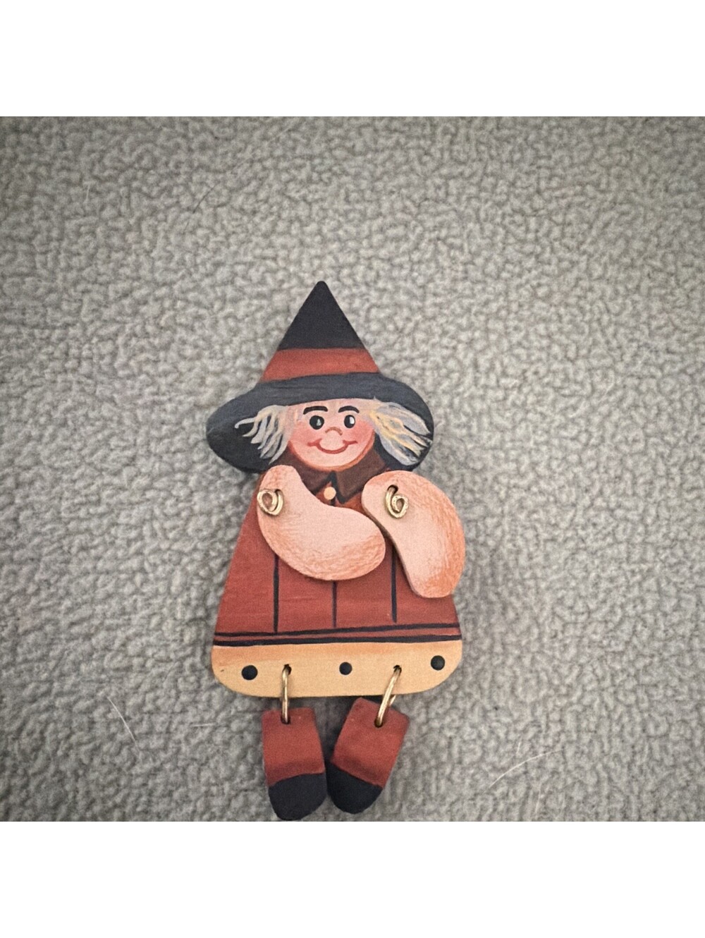 Dangle Witch Shaped Brooch Pin Multicolor Wood & Metal Halloween Theme